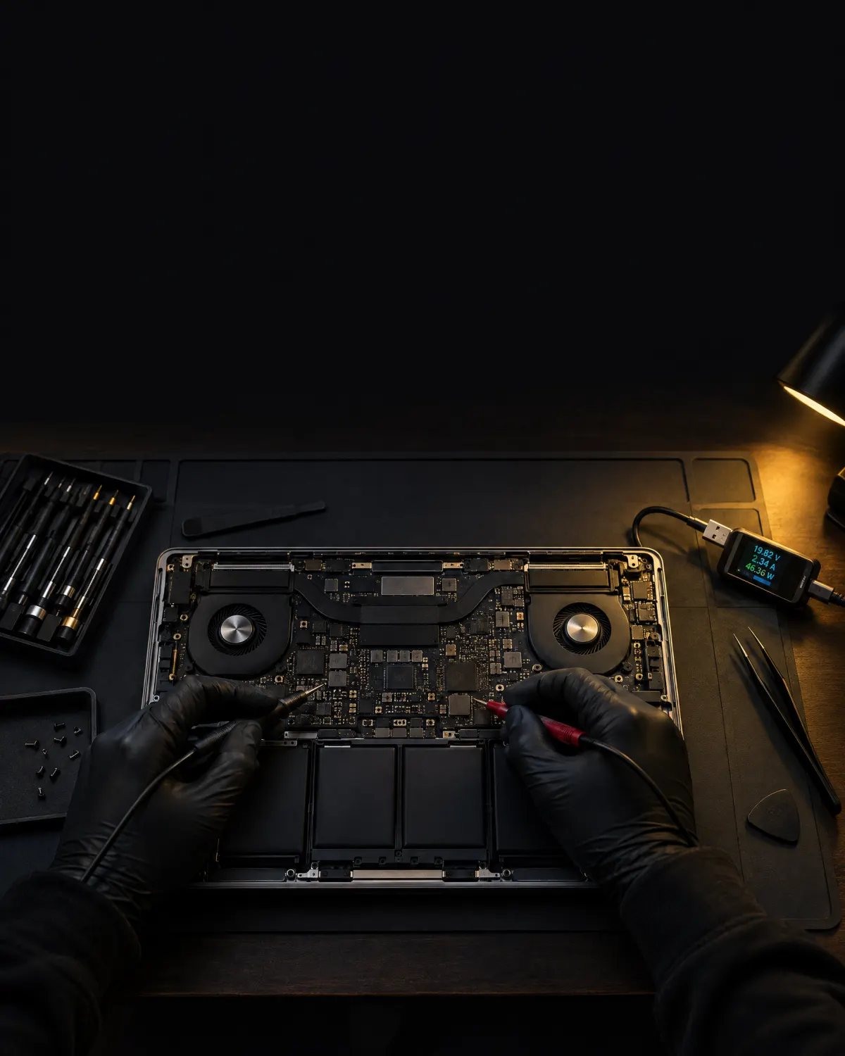 Técnico revisando por dentro una MacBook Pro